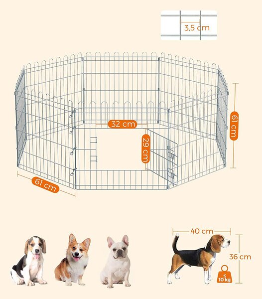Kutya kennel, kutyaketrec, 61 cm magas, összecsukható kifutó 8 paneles, ezüst