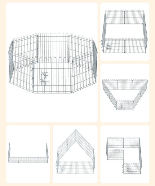 Kutya kennel, kutyaketrec, 61 cm magas, összecsukható kifutó 8 paneles, ezüst