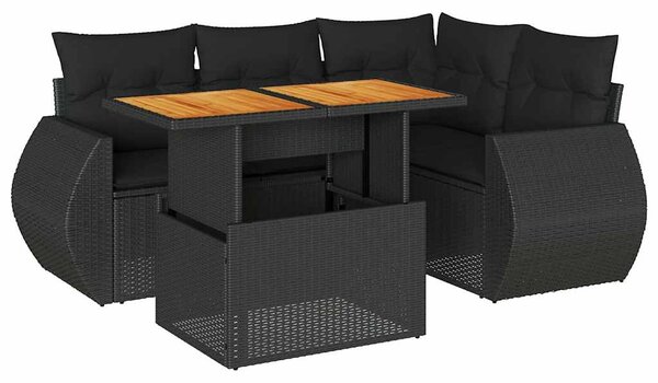 5 részes fekete polyrattan kerti kanapészett párnákkal