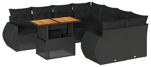 9 részes fekete polyrattan kerti ülőgarnitúra párnákkal