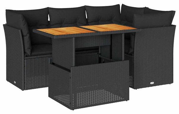 5 részes fekete polyrattan kerti kanapészett párnákkal