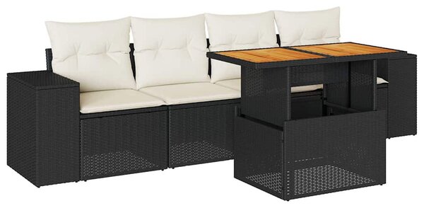 5 részes fekete polyrattan kerti kanapészett párnákkal