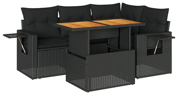 5 részes fekete polyrattan kerti kanapészett párnákkal