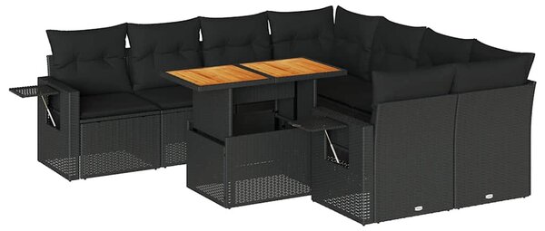 9 részes fekete polyrattan kerti ülőgarnitúra párnákkal