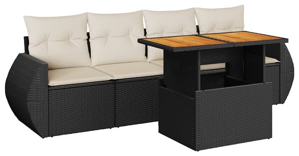 5 részes fekete polyrattan kerti kanapészett párnákkal