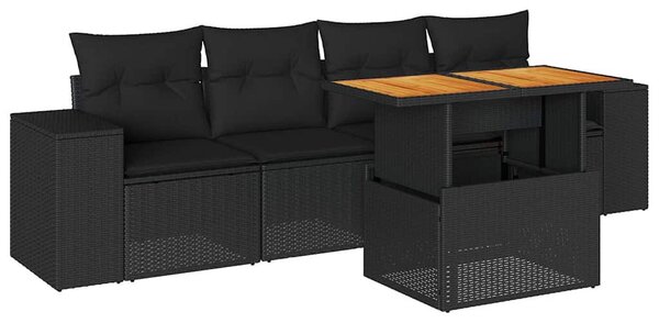 5 részes fekete polyrattan kerti kanapészett párnákkal