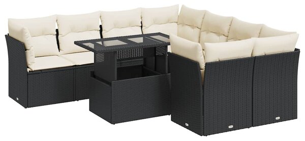 9 részes fekete polyrattan kerti ülőgarnitúra párnákkal