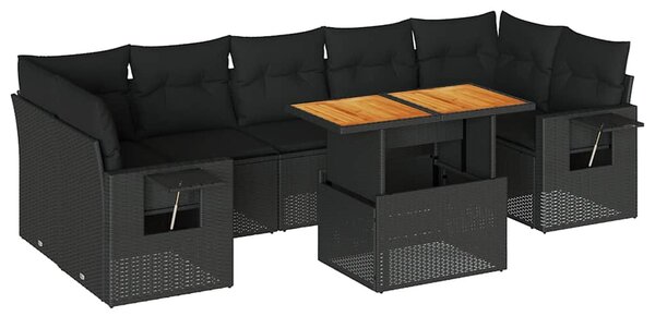 8 részes fekete polyrattan kerti ülőgarnitúra párnákkal
