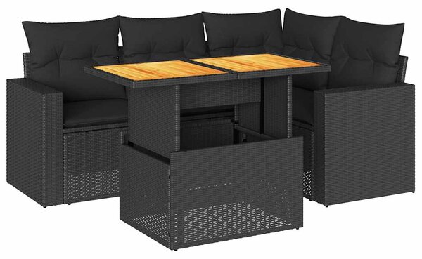 5 részes fekete polyrattan kerti kanapészett párnákkal