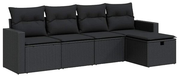 5 részes fekete polyrattan kerti kanapészett párnákkal