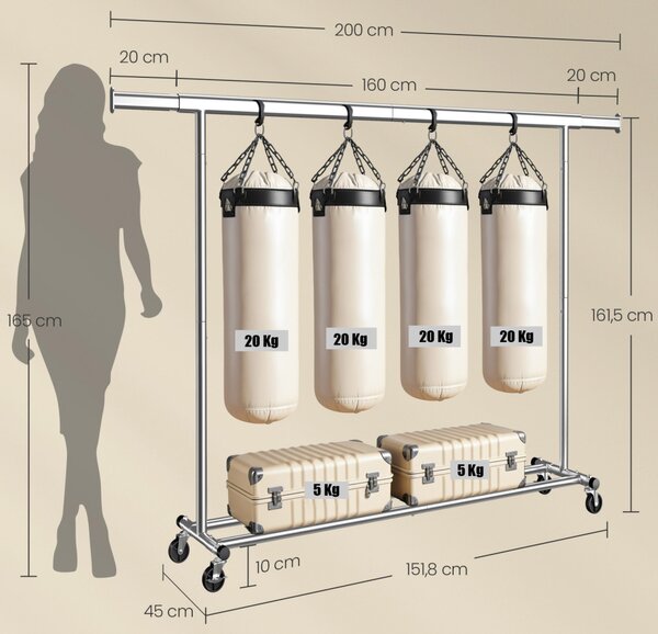 160cm Kihúzható Ruhatartó Sztender Fékezhető Kerekekkel