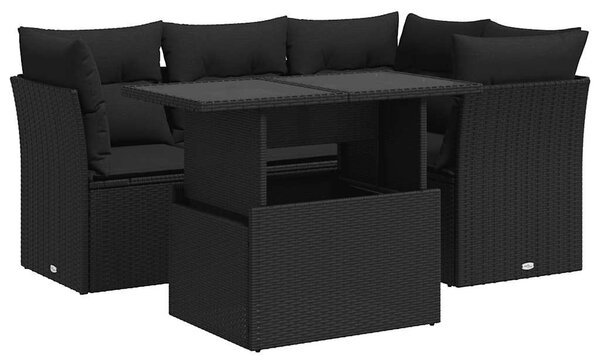 5 részes fekete polyrattan kerti kanapészett párnákkal