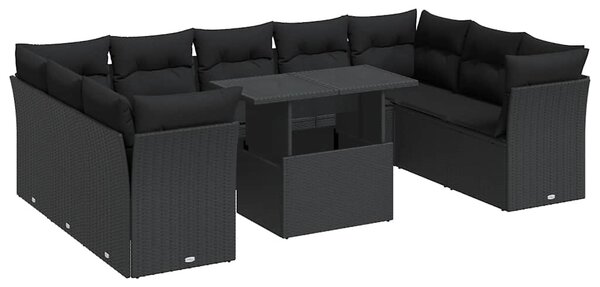 10 részes fekete polyrattan kerti ülőgarnitúra párnákkal