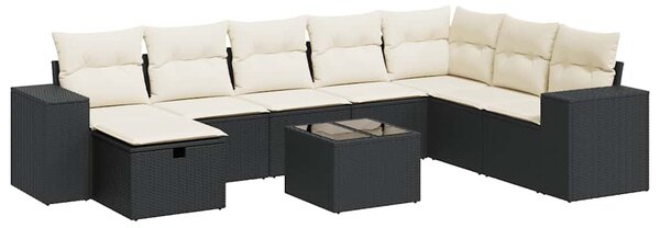 9 részes fekete polyrattan kerti ülőgarnitúra párnákkal