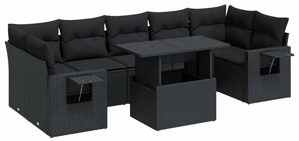 8 részes fekete polyrattan kerti ülőgarnitúra párnákkal