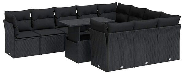 11 részes fekete polyrattan kerti ülőgarnitúra párnákkal
