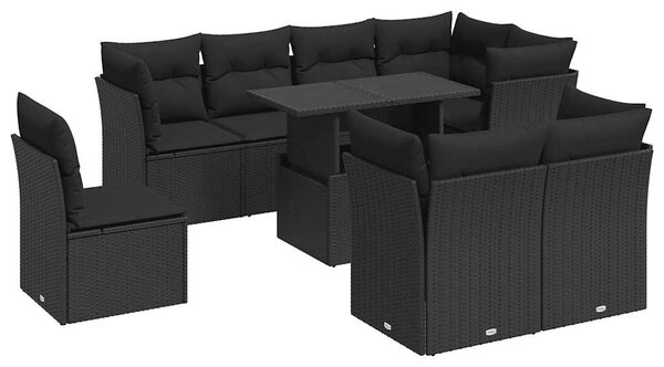 9 részes fekete polyrattan kerti ülőgarnitúra párnákkal