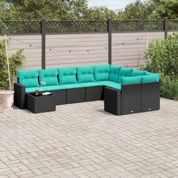 10 részes fekete polyrattan kerti ülőgarnitúra párnával