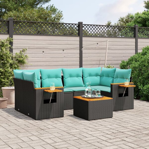 7 részes fekete polyrattan kerti ülőgarnitúra párnákkal