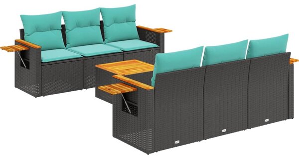 7 részes fekete polyrattan kerti ülőgarnitúra párnákkal