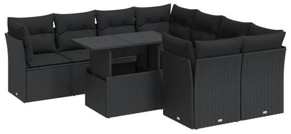 9 részes fekete polyrattan kerti ülőgarnitúra párnákkal