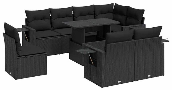 9 részes fekete polyrattan kerti ülőgarnitúra párnákkal