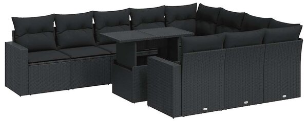 11 részes fekete polyrattan kerti ülőgarnitúra párnákkal