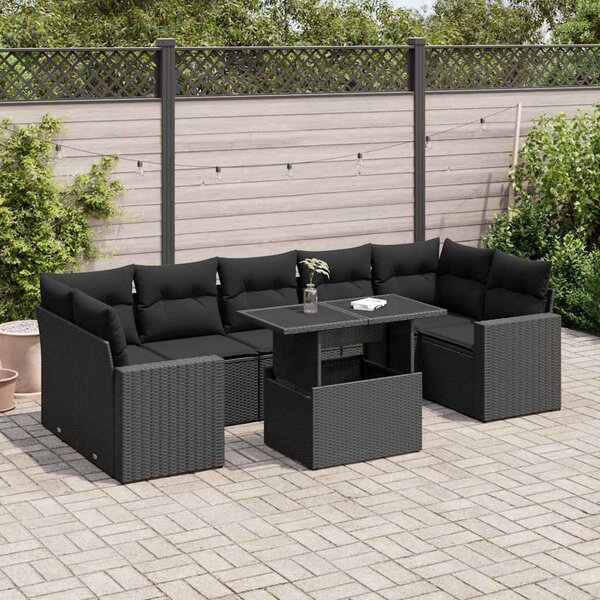 8 részes fekete polyrattan kerti ülőgarnitúra párnákkal