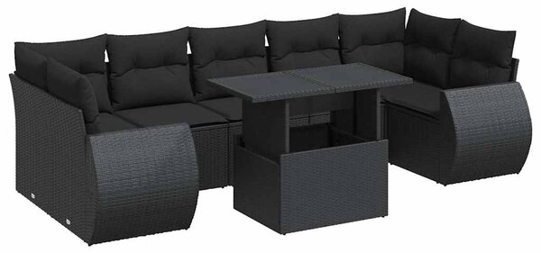 8 részes fekete polyrattan kerti ülőgarnitúra párnákkal