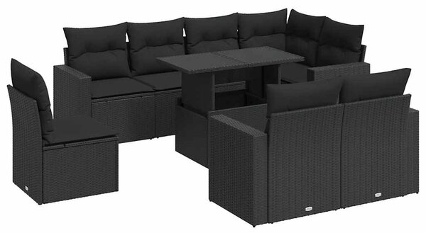 9 részes fekete polyrattan kerti ülőgarnitúra párnákkal