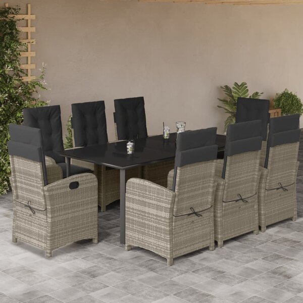9részes világosszürke polyrattan kerti étkezőgarnitúra párnával