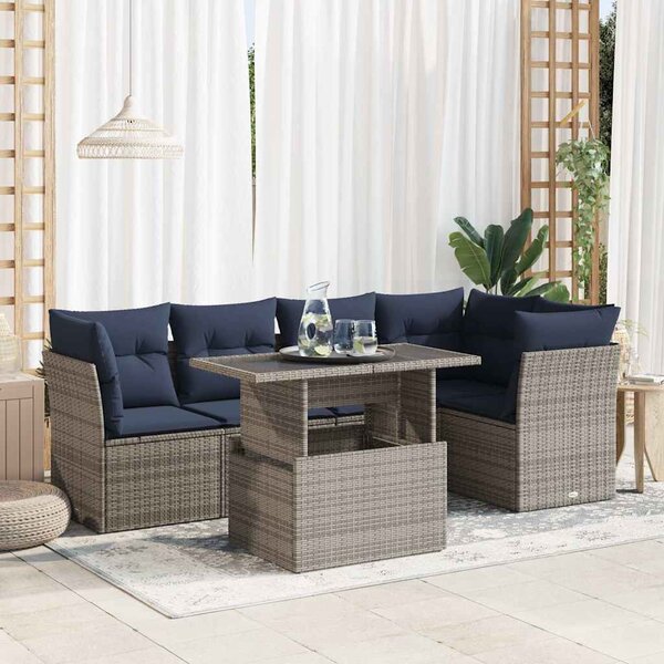 6 részes szürke polyrattan akácfa kerti ülőgarnitúra párnákkal