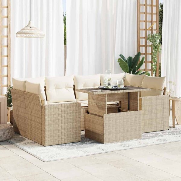 7 részes bézs polyrattan kerti ülőgarnitúra párnákkal