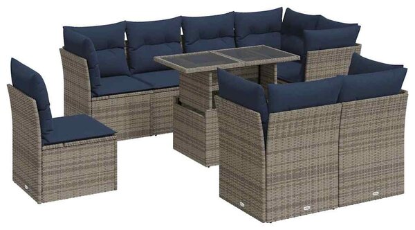 9 részes szürke polyrattan akácfa kerti ülőgarnitúra párnákkal