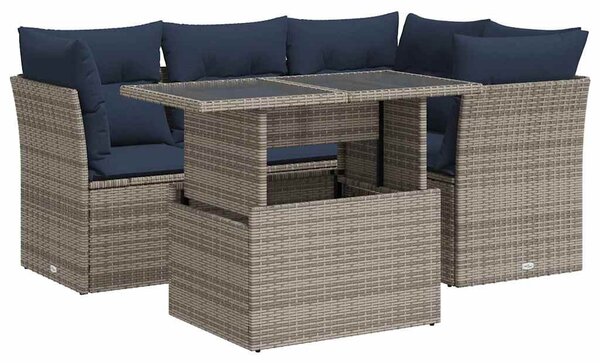 5 részes szürke polyrattan akácfa kerti ülőgarnitúra párnákkal