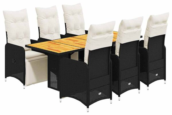 7 részes fekete polyrattan kerti bisztrógarnitúra párnákkal