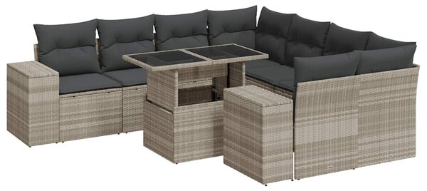 9 részes világosszürke polyrattan kerti ülőgarnitúra párnával