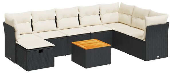 9 részes fekete polyrattan kerti ülőgarnitúra párnákkal
