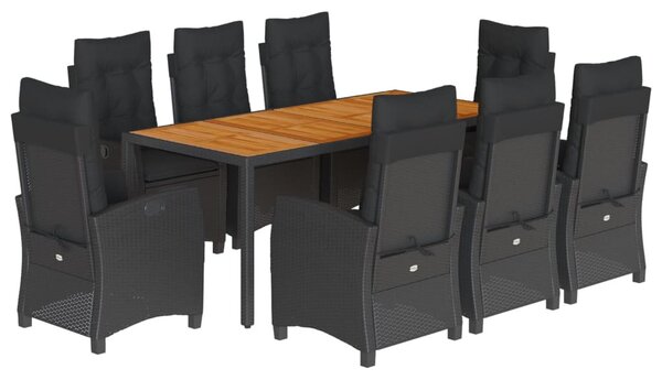 9 részes fekete polyrattan kerti étkezőgarnitúra párnákkal