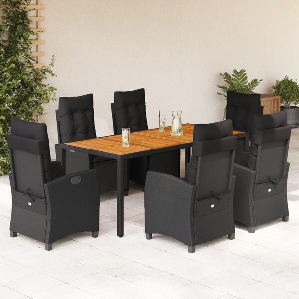 7 részes fekete polyrattan kerti étkezőgarnitúra párnával