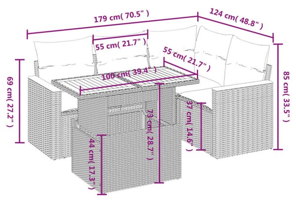 VidaXL 5 részes Kerti Kanapé Szett - Fekete Polyrattan