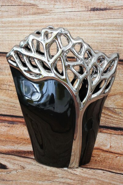 Kerámia váza - fa minta - ezüst-fekete (m. 29cm, á. 7,5cm) - modern stílusú