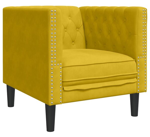 3 részes sárga bársony Chesterfield kanapészett hengerpárnákkal