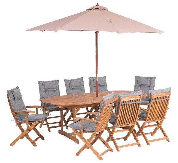 Nyolcszemélyes akácfa étkezőgarnitúra szürke párnákkal és napernyővel MAUI