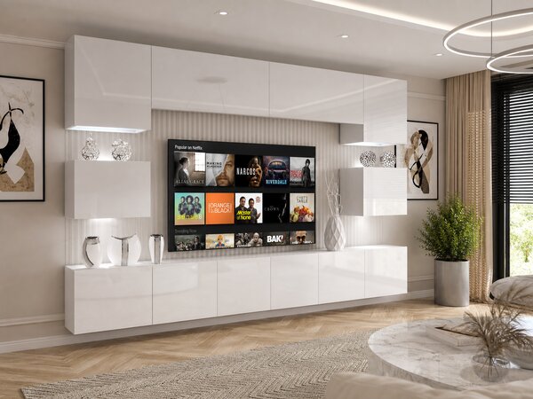 Szekrénysor 300 cm TV/RTV fehér fényű IMP 3/5/W/W/0/0