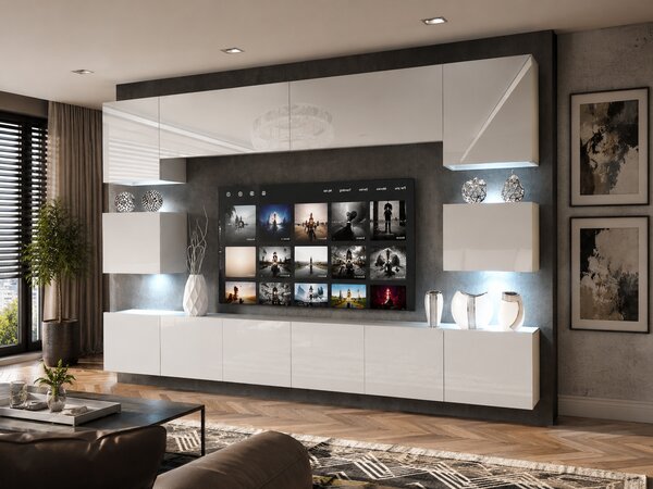 Szekrénysor 300 cm TV/RTV fehér fényű IMP 3/5/W/W/0/0