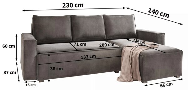 Sötétszürke kihúzható sarokkanapé CAVELO, kétoldalas