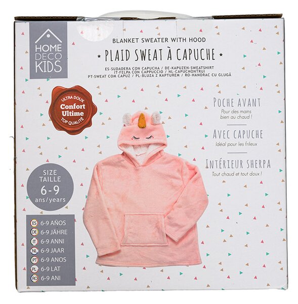 HOODIE UNICORN rózsaszín gyermek ujjas pléd ujjal és kapucnival