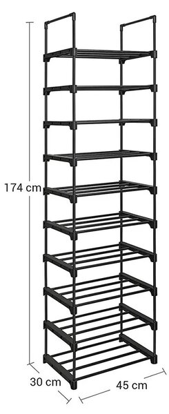 TUBE halmozható cipőállvány, 10 polc, 45x30x174cm, fekete SongmicsHome