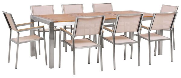 Nyolcszemélyes étkezőasztal eukaliptusz asztallappal és bézs textilén székekkel GROSSETO